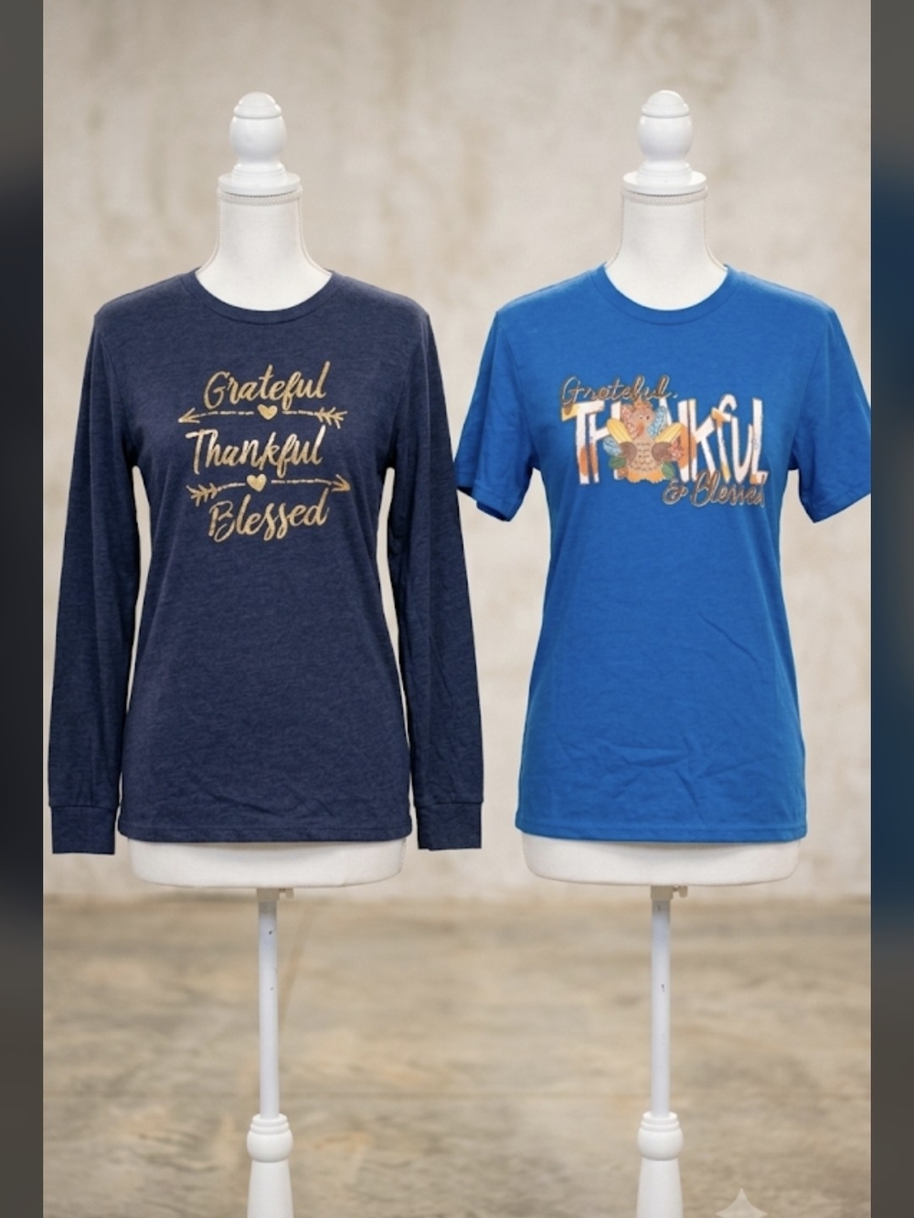 Women's 'Grateful Thankful Blessed' Long Sleeve Tee - Navy + Short Sleeved Tee,